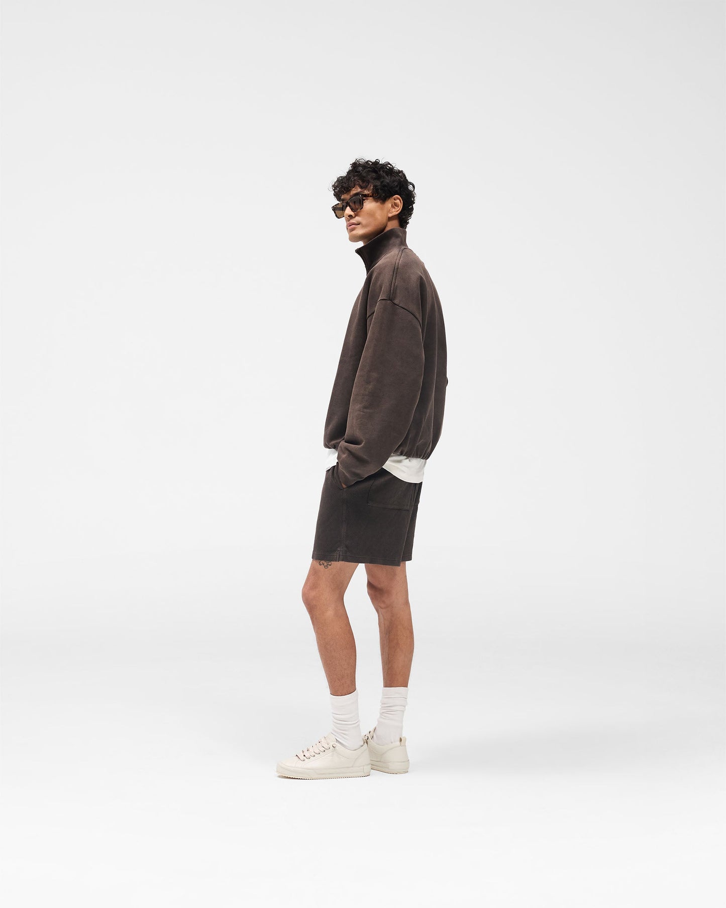 Initial Funnel Neck Quarter Zip Sweatshirt - Coffee