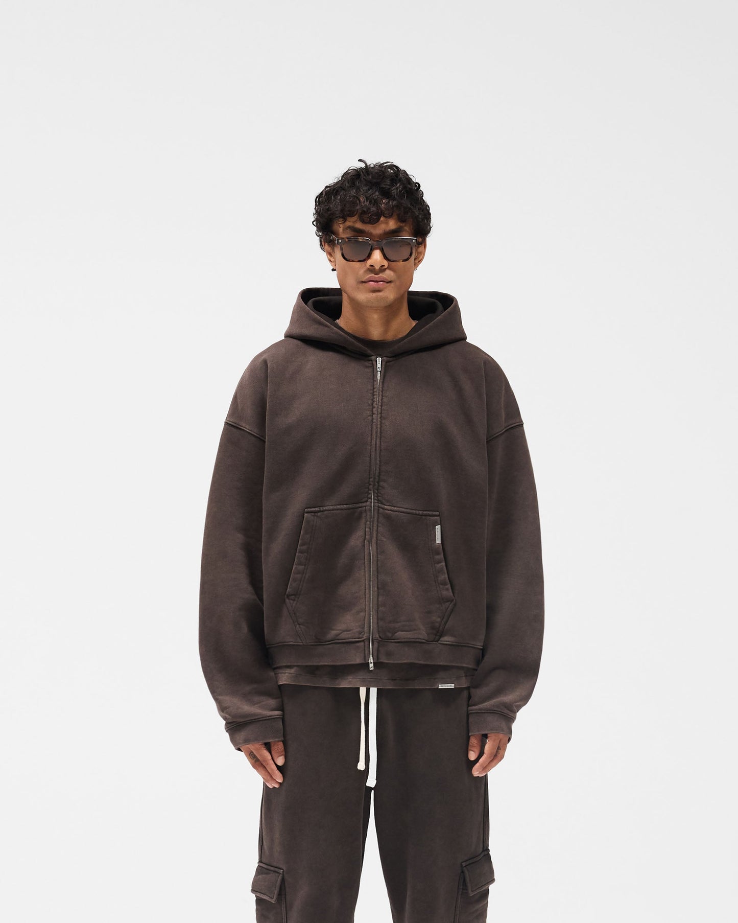 Initial Boxy Zip Through Hoodie - Coffee