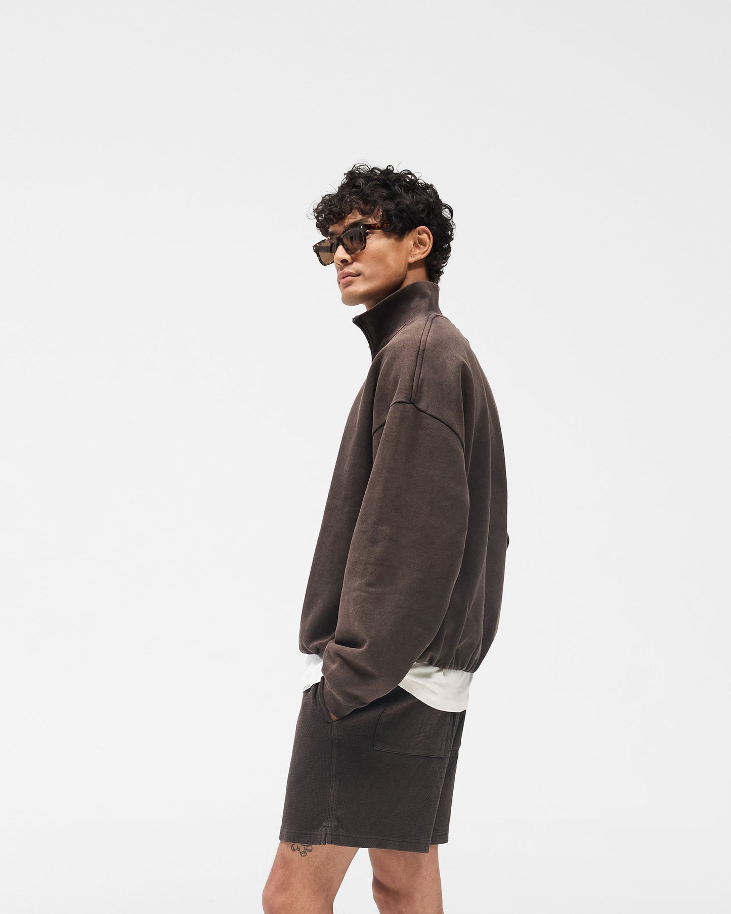 Initial Funnel Neck Quarter Zip Sweatshirt - Coffee