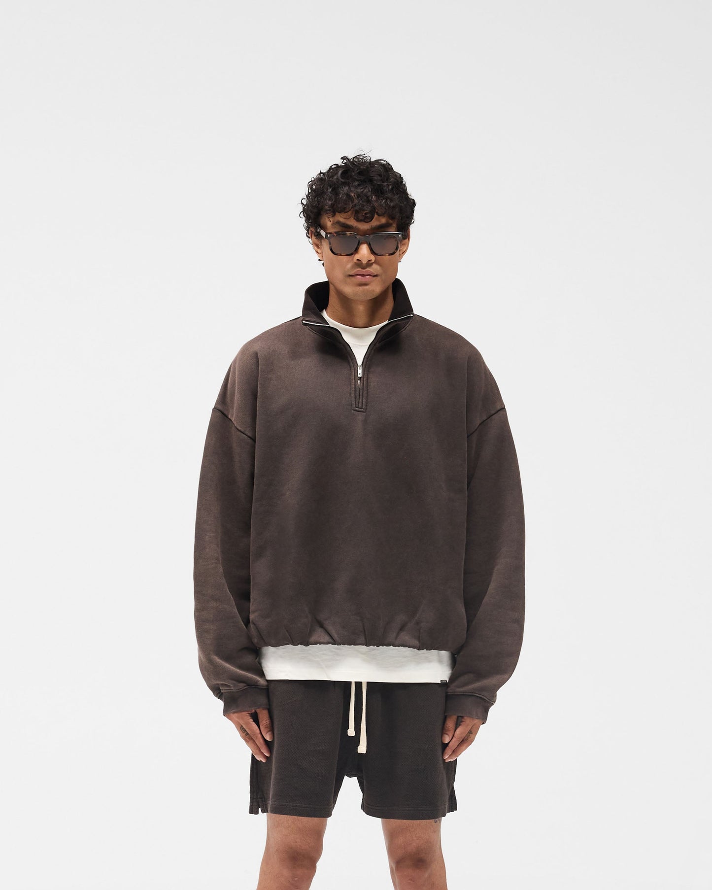 Initial Funnel Neck Quarter Zip Sweatshirt - Coffee
