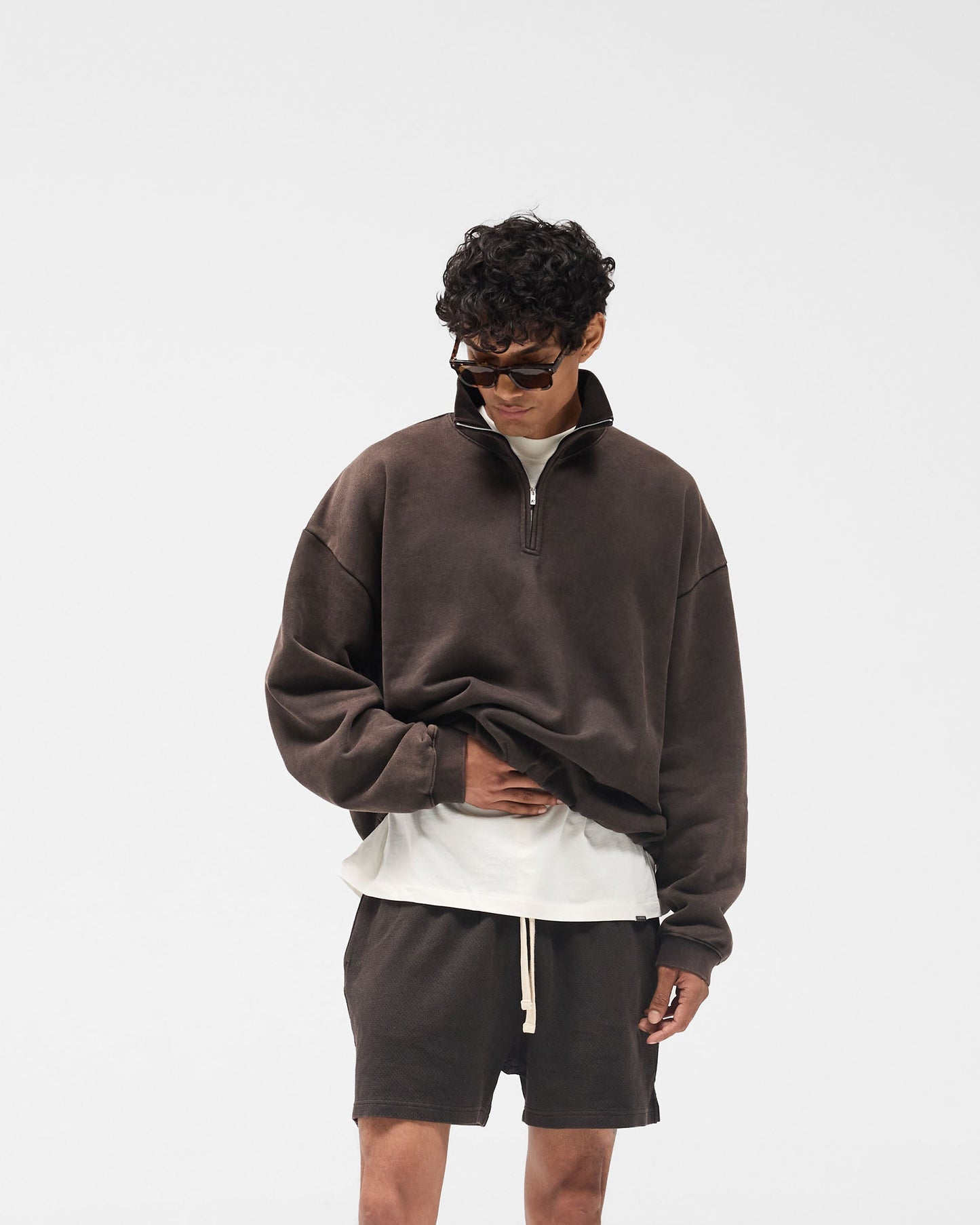 Initial Funnel Neck Quarter Zip Sweatshirt - Coffee