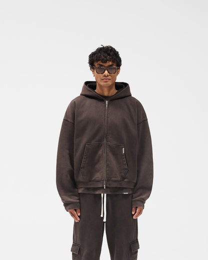 Initial Boxy Zip Through Hoodie - Coffee